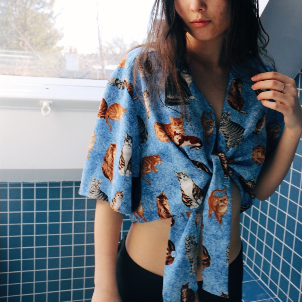 Cats Cropped Blue Tie-Top